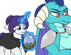 Size: 3300x2550 | Tagged: safe, artist:jolliapplegirl, derpibooru import, princess ember, rarity, dragon, pony, unicorn, cloak, clothes, dragon lord ember, egg, floppy ears, implied rape, story included