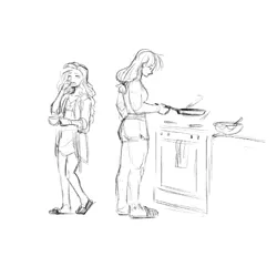 Size: 480x480 | Tagged: safe, artist:demdoodles, derpibooru import, applejack, rarity, human, coffee, cooking, cute, duo, female, grayscale, humanized, jackabetes, kitchen, lesbian, monochrome, oven, raribetes, rarijack, shipping, simple background, sketch, skillet, smiling, white background, yawn