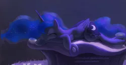 Size: 1442x750 | Tagged: safe, artist:raikoh, derpibooru import, princess luna, alicorn, pony, do princesses dream of magic sheep, cute, dream, eyes closed, female, lunabetes, mare, missing accessory, patreon, prone, sleeping, smiling, solo, sweet dreams fuel