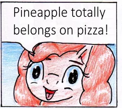 Size: 734x656 | Tagged: 40kponyguy pinkie pie meme, abomination, artist:40kponyguy, blatant lies, derpibooru import, edit, exploitable meme, faic, food, implied pineapple pizza, meme, pineapple pizza, pinkie pie, pizza, safe