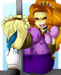 Size: 1280x1571 | Tagged: safe, artist:cyborg-steve, derpibooru import, adagio dazzle, human, equestria girls, adagio dat-azzle, ass, barefoot, bondage, butt, clothes, eyes closed, feather, feet, female, fetish, foot fetish, foot focus, hand, human male, laughing, leggings, male, offscreen character, open mouth, ropes, solo, tickle fetish, tickle torture, tickling, underass