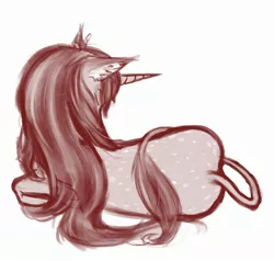 Size: 2344x2230 | Tagged: safe, artist:gliconcraft, derpibooru import, oc, oc:cinnamon fawn, unofficial characters only, pony, unicorn, back, eyes closed, female, horn, large filesize, leonine tail, long hair, lying down, mare, ponysona, rear view, requested, sketch, sleeping, solo, spots