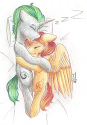 Size: 1484x2132 | Tagged: artist:cornelia_nelson, cuddling, cute, darkelia, derpibooru import, hug, lying, lying together, oc, oc:cornelia nelson, oc:darkujio, safe, sleeping, traditional art, unofficial characters only