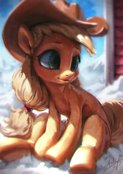 Size: 850x1200 | Tagged: safe, artist:assasinmonkey, derpibooru import, applejack, earth pony, pony, cowboy hat, cute, female, hat, jackabetes, mare, signature, sitting, smiling, snow, solo, stetson, winter