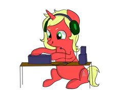 Size: 4600x3450 | Tagged: safe, artist:dumbwoofer, derpibooru import, oc, oc:pony fort, unofficial characters only, pony, unicorn, fallout equestria, fallout equestria: pink eyes, concentrating, fanfic art, female, headphones, mare, pink eyes, radio, raider, simple background, solo, transparent background