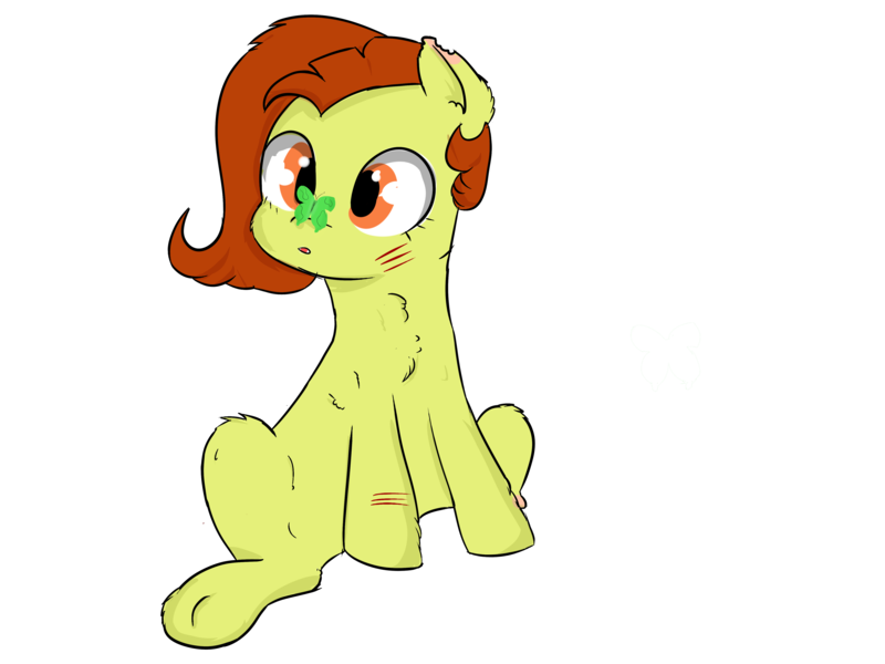 Size: 4600x3450 | Tagged: safe, artist:dumbwoofer, derpibooru import, oc, oc:trippo, butterfly, earth pony, pony, fallout equestria, amputee, casual nudity, chest fluff, curious, cut, cute, female, mare, missing limb, nudity, raider, scar, scared, sitting, solo, stump, underhoof