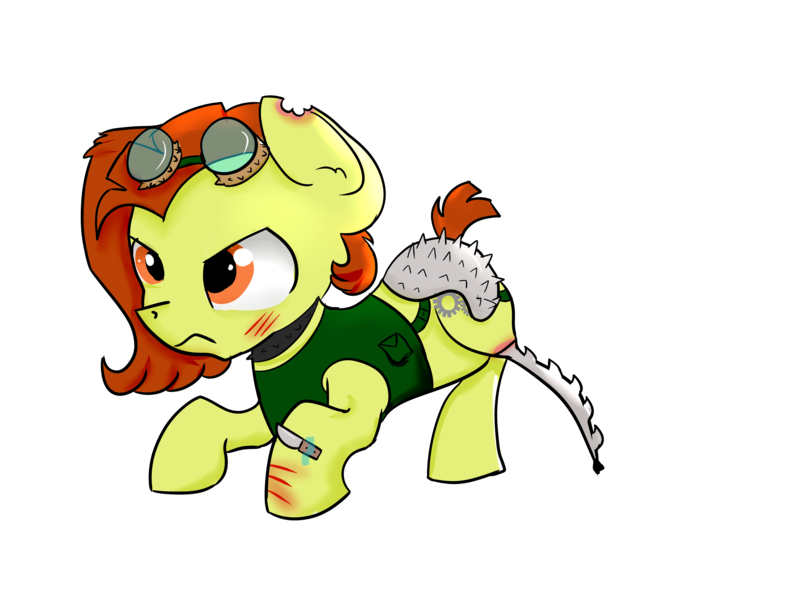 Size: 4600x3450 | Tagged: amputee, artist:dumbwoofer, derpibooru import, fallout equestria, female, frown, goggles, knife, mare, oc, oc:trippo, prosthetic limb, prosthetics, raider, raider armor, safe, scar, solo, sword leg