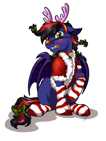 Size: 1024x1366 | Tagged: safe, artist:lupiarts, derpibooru import, oc, oc:noctis fructosi junior, unofficial characters only, bat pony, pony, antlers, bat pony oc, bat wings, blushing, christmas, clothes, holiday, male, red nose, reindeer antlers, simple background, socks, stallion, stockings, striped socks, thigh highs, transparent background, wings