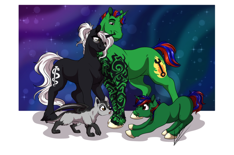 Size: 1920x1280 | Tagged: safe, artist:lupiarts, derpibooru import, oc, oc:black flare, unofficial characters only, pony, unicorn, wolf, colt, creature, cute, family, father and child, father and son, female, foal, glasses, male, mare, mother and child, mother and son, pet, stallion, tattoo