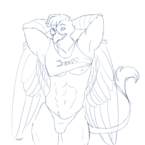 Size: 3000x3000 | Tagged: suggestive, artist:floots, derpibooru import, oc, oc:harpy, anthro, gryphon, abs, armpits, clothes, crotch bulge, male, monochrome, muscles, sketch, solo, underwear