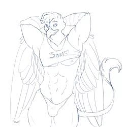 Size: 3000x3000 | Tagged: suggestive, artist:floots, derpibooru import, oc, oc:harpy, anthro, gryphon, abs, armpits, clothes, crotch bulge, male, monochrome, muscles, sketch, solo, underwear