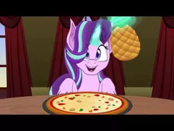 Size: 480x360 | Tagged: safe, artist:yudhaikeledai, derpibooru import, starlight glimmer, pony, unicorn, everything is ruined, food, pineapple, pizza, pure unfiltered evil, smiling, solo, that pony sure does love pineapple pizza