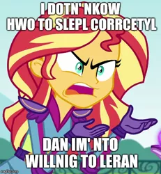 Size: 500x540 | Tagged: safe, derpibooru import, edit, edited screencap, screencap, sunset shimmer, equestria girls, friendship games, caption, exploitable meme, image macro, imgflip, meme, misspelling, sunset is not willing to learn, text