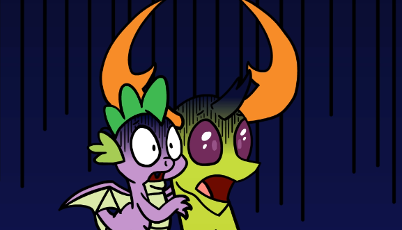 Size: 577x331 | Tagged: artist:noidavaliable, changedling, changeling, derpibooru import, dragon, duo, king thorax, reaction image, safe, scared, spike, thorax, winged spike, wings