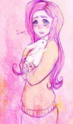 Size: 882x1487 | Tagged: animal, artist:prodigymysoul, carrying, clothes, crying, derpibooru import, dialogue, fluttershy, holding, human, humanized, light skin, looking at you, rabbit, safe, solo, sweater, sweatershy