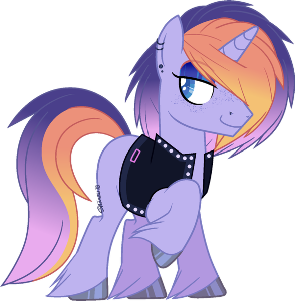 Size: 600x612 | Tagged: safe, artist:shiiazu, derpibooru import, oc, oc:glitz n glam, unofficial characters only, pony, unicorn, base used, clothes, colored pupils, ear piercing, earring, eyebrows, eyeshadow, freckles, gradient mane, hoof polish, hooves, jacket, jewelry, makeup, male, nose piercing, piercing, raised hoof, signature, simple background, smiling, smirk, solo, transparent background, unshorn fetlocks