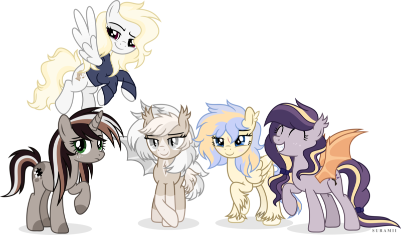 Size: 3196x1876 | Tagged: safe, artist:suramii, derpibooru import, oc, oc:adara elderberry, oc:amalia, oc:cuddy, oc:rejtveny, oc:souvenir, bat pony, pegasus, pony, unicorn, bat pony oc, bat wings, crew, crossed hooves, simple background, socks (coat marking), team, transparent background, unshorn fetlocks, wings