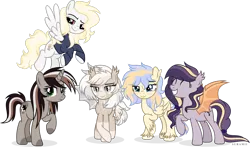 Size: 3196x1876 | Tagged: safe, artist:suramii, derpibooru import, oc, oc:adara elderberry, oc:amalia, oc:cuddy, oc:rejtveny, oc:souvenir, bat pony, pegasus, pony, unicorn, bat pony oc, bat wings, crew, crossed hooves, simple background, socks (coat marking), team, transparent background, unshorn fetlocks, wings