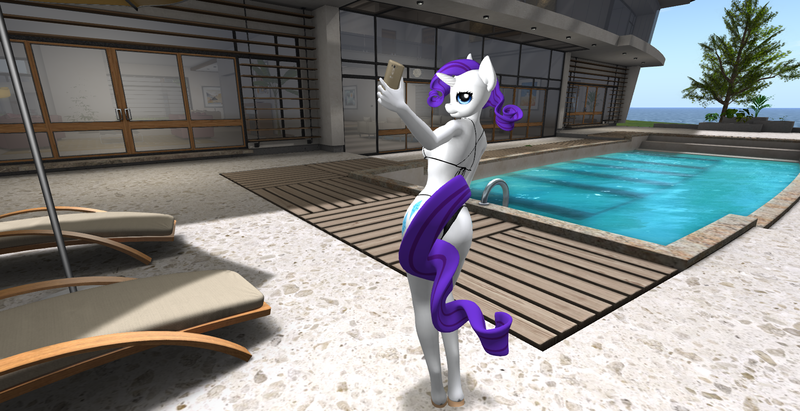 Size: 1920x986 | Tagged: 3d, anthro, artist:bangayo, bikini, breasts, clothes, derpibooru import, female, rarity, second life, selfie, sexy, solo, suggestive, swimming pool, swimsuit, villa