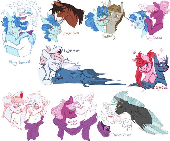 Size: 1000x831 | Tagged: safe, artist:eqq_scremble, derpibooru import, cheerilee, double diamond, mudbriar, night glider, night light, nurse redheart, pacific glow, party favor, pinkie pie, thunderlane, trouble shoes, bat pony, earth pony, pegasus, pony, unicorn, alternate design, bisexual, blushing, clone, clothes, crack shipping, crying, doublecheer, doublelane, female, forehead kiss, gay, hair braiding, hair bun, hat, headcanon, hornless unicorn, infidelity, kissing, laughing, lesbian, male, mare, mudparty, nightglow, nightheart, nurse hat, nuzzles, partycheer, partydiamond, pigtails, pinkie clone, race swap, reddiamond, scar, scarf, shared clothing, shared scarf, shipping, simple background, sketch, sketch dump, stallion, straight, tears of joy, tongue out, trans girl, transgender, troublefavor