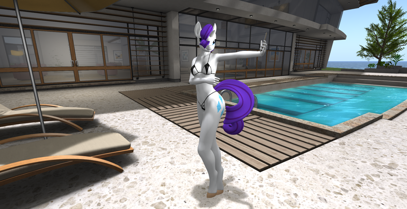 Size: 1920x986 | Tagged: anthro, armpits, bikini, breasts, clothes, derpibooru import, female, rarity, second life, selfie, sexy, solo, suggestive, swimming pool, swimsuit, villa