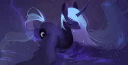 Size: 1976x1012 | Tagged: safe, artist:dreamsugar, derpibooru import, princess luna, alicorn, pony, beautiful, ethereal mane, eyes closed, female, flowing mane, galaxy mane, mare, missing accessory, reflection, signature, solo, swimming, water