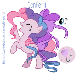 Size: 1280x1243 | Tagged: safe, artist:raflesplattyt, derpibooru import, oc, oc:confetti, earth pony, pony, bow, female, hair bow, mare, offspring, parent:party favor, parent:pinkie pie, parents:partypie, simple background, solo, tail bow, transparent background