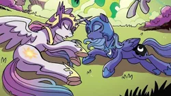 Size: 942x526 | Tagged: daybreaker, derpibooru import, helmet, idw, nightmare knights, nightmare moon, princess celestia, princess luna, s1 luna, safe, spoiler:comic, spoiler:comicnightmareknights01