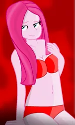 Size: 561x927 | Tagged: suggestive, artist:grapefruitface1, derpibooru import, pinkie pie, fanfic:cupcakes, equestria girls, belly button, breasts, clopcakes, clothes, edgy, looking to the left, panties, pinkamena diane pie, red underwear, smiling, straight hair, underwear