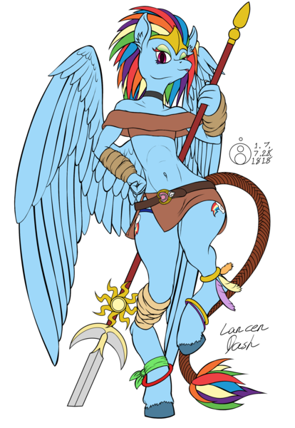 Size: 1380x2000 | Tagged: anthro, artist:sepiakeys, bandeau, belt, belt buckle, choker, clothes, derpibooru import, diadem, fantasy class, female, mare, miniskirt, pegasus, rainbow dash, safe, side slit, skirt, solo, spear, tail wrap, unguligrade anthro, weapon, wings