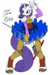 Size: 1318x2000 | Tagged: safe, artist:sepiakeys, derpibooru import, rarity, anthro, unguligrade anthro, unicorn, armor, armpits, chaps, choker, clothes, fantasy class, female, fencer, garters, horseshoes, mare, rapier, ruffles, skirt, solo, sword, tutu, weapon