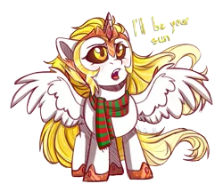 Size: 1387x1147 | Tagged: safe, artist:cloud-fly, derpibooru import, daybreaker, alicorn, pony, blushing, clothes, cute, diabreaker, female, filly, filly daybreaker, palindrome get, scarf, simple background, solo, spread wings, transparent background, wings