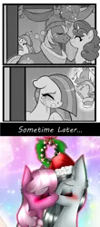Size: 622x1417 | Tagged: safe, artist:alithecat1989, artist:moonseeker, derpibooru import, editor:secrettitan, big macintosh, cheerilee, marble pie, sugar belle, earth pony, pony, unicorn, best gift ever, anime background, blushing, bust, christmas, christmas wreath, clothes, crack shipping, crying, eyes closed, female, grayscale, hat, heartbroken marble, holiday, holly, kissing, lesbian, male, marbilee, mare, mistletoe, monochrome, santa hat, scarf, shipping, shipping denied, side chick, simple background, sometime later..., stallion, straight, sugarmac, wreath