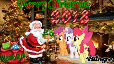 Size: 400x225 | Tagged: safe, artist:twilight91, derpibooru import, apple bloom, scootaloo, sweetie belle, blingee, christmas, christmas 2018, christmas tree, cutie mark crusaders, exploitable meme, fireplace, holiday, meme, merry christmas, present, santa claus, tree