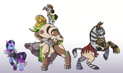 Size: 1280x767 | Tagged: safe, artist:calicopikachu, derpibooru import, ponified, pony, robot, unicorn, zebra, amputee, clothes, colored hooves, doomfist, efi oladele, female, filly, foal, hammer, male, mare, mouth hold, orisa, overwatch, prosthetic leg, prosthetic limb, prosthetics, raised hoof, rearing, simple background, sombra (overwatch), species swap, stallion, white background, zebrafied