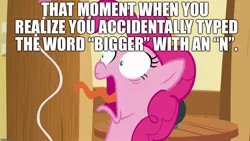 Size: 1280x720 | Tagged: safe, derpibooru import, edit, edited screencap, screencap, pinkie pie, pony, 28 pranks later, accidental racism, caption, faic, image macro, implied vulgar, misspelling, n word, oof, open mouth, panic, panicking, racism, shocked, solo, text, you dun goofed