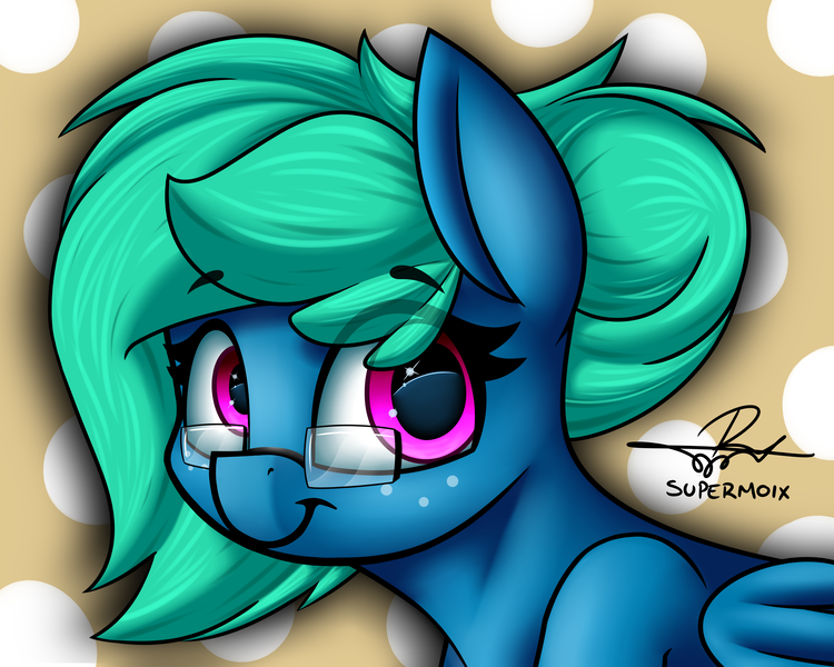 Size: 5000x4000 | Tagged: safe, artist:supermoix, derpibooru import, oc, oc:moxie, pegasus, pony, abstract background, cute, female, glasses, mare, short hair, signature, simple background, solo
