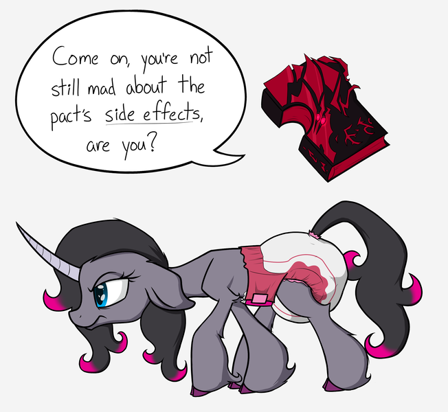 Size: 2500x2300 | Tagged: questionable, artist:skitter, derpibooru import, fhtng th§ ¿nsp§kbl, oleander (tfh), classical unicorn, unicorn, them's fightin' herds, book, cloven hooves, community related, diaper, diaper fetish, female, fetish, fred, leonine tail, poofy diaper, unicornomicon, unshorn fetlocks