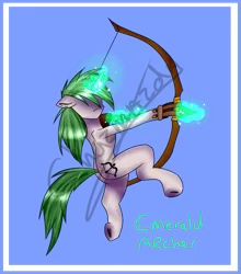 Size: 793x902 | Tagged: safe, artist:chazmazda, derpibooru import, oc, unofficial characters only, pony, unicorn, arrow, bow, bow (weapon), bow and arrow, colored, flat colors, fullbody, magic, outline, request, shade, shading, simple background, solo, weapon