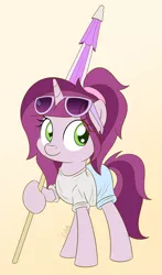 Size: 2000x3399 | Tagged: safe, artist:esfelt, derpibooru import, oc, oc:lilac prose, unofficial characters only, pony, unicorn, clothes, female, gradient background, mare, shirt, shorts, smiling, solo, summer, sunglasses, umbrella
