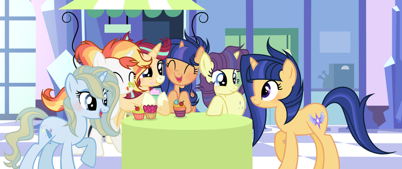 Size: 3712x1564 | Tagged: safe, artist:velveagicsentryyt, derpibooru import, oc, oc:beautiful magic, oc:galaxy swirls, oc:shine brine, oc:starling, oc:sunlay, oc:velvet sentry, unofficial characters only, pony, unicorn, cupcake, female, food, image, mare, offspring, parent:comet tail, parent:fire streak, parent:flash sentry, parent:moondancer, parent:prince blueblood, parent:starlight glimmer, parent:sunburst, parent:sunset shimmer, parent:trixie, parent:twilight sparkle, parents:bluetrix, parents:cometdancer, parents:flashlight, parents:starburst, parents:sunsetstreak, png