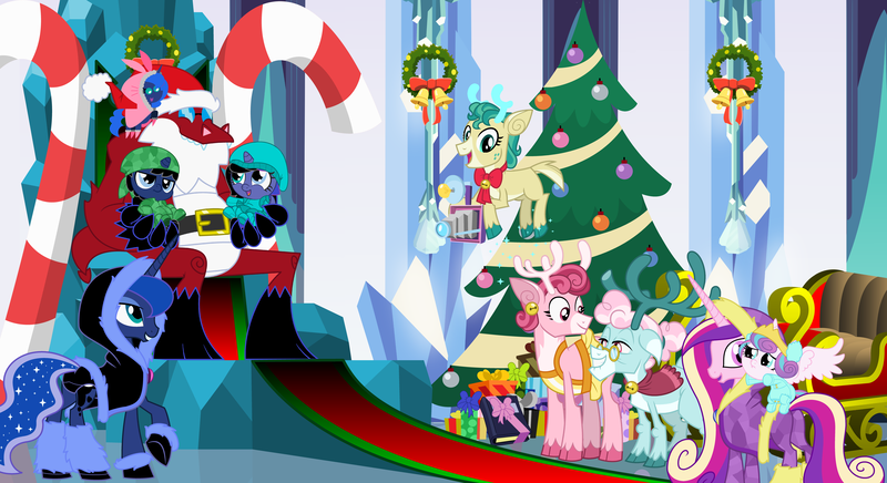 Size: 11000x6000 | Tagged: safe, artist:evilfrenzy, derpibooru import, alice the reindeer, aurora the reindeer, bori the reindeer, princess cadance, princess flurry heart, princess luna, oc, oc:cruithne, oc:frenzy, oc:leeloo, dragon, pony, absurd resolution, age regression, baby, baby pony, christmas, christmas tree, cute, diaper, foal, holiday, onesie, parent:oc:frenzy, parent:princess luna, parents:canon x oc, santa claus, the gift givers, tree