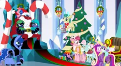 Size: 11000x6000 | Tagged: safe, artist:evilfrenzy, derpibooru import, alice the reindeer, aurora the reindeer, bori the reindeer, princess cadance, princess flurry heart, princess luna, oc, oc:cruithne, oc:frenzy, oc:leeloo, dragon, pony, absurd resolution, age regression, baby, baby pony, christmas, christmas tree, cute, diaper, foal, holiday, onesie, parent:oc:frenzy, parent:princess luna, parents:canon x oc, santa claus, the gift givers, tree