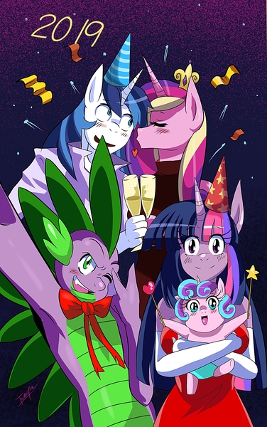 Size: 1467x2339 | Tagged: alicorn, anthro, armpits, artist:traupa, clothes, derpibooru import, female, glass, happy new year, happy new year 2019, holiday, male, older, older spike, princess cadance, princess flurry heart, safe, shining armor, shiningcadance, shipping, smiling, spike, straight, twilight sparkle, twilight sparkle (alicorn), wine glass