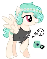 Size: 963x1221 | Tagged: safe, artist:invadermas, derpibooru import, oc, oc:snap happy, unofficial characters only, pegasus, pony, clothes, female, floral head wreath, flower, mare, one eye closed, raised hoof, shirt, simple background, solo, t-shirt, white background, wink