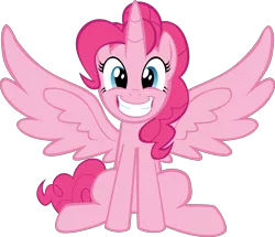 Size: 11500x9873 | Tagged: safe, artist:mrkat7214, derpibooru import, pinkie pie, alicorn, pony, absurd resolution, alicornified, female, grin, mare, pinkiecorn, race swap, simple background, smiling, solo, spread wings, transparent background, vector, wings, xk-class end-of-the-world scenario