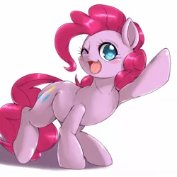 Size: 1536x1536 | Tagged: safe, artist:kurogewapony, derpibooru import, pinkie pie, earth pony, pony, blush sticker, blushing, colored pupils, cute, diapinkes, female, happy, looking at you, one eye closed, open mouth, raised hoof, simple background, solo, waving, white background, wink