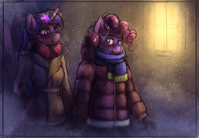 Size: 1920x1335 | Tagged: safe, artist:bantha, derpibooru import, pinkie pie, twilight sparkle, twilight sparkle (alicorn), alicorn, anthro, earth pony, clothes, female, holding hands, lesbian, mare, scarf, shipping, snow, twinkie, walking, winter coat