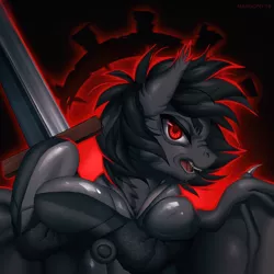Size: 1200x1200 | Tagged: safe, artist:margony, derpibooru import, oc, unofficial characters only, bat pony, bat pony oc, bat wings, clothes, dark background, darkest dungeon, insignia, knight, male, open mouth, solo, stallion, video game crossover, wings