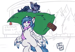 Size: 1616x1116 | Tagged: safe, artist:ruef, derpibooru import, oc, oc:b.b., oc:delta dart, unofficial characters only, hippogriff, pony, unicorn, armpits, christmas, christmas tree, clothes, cute, hat, holiday, santa hat, scarf, tree